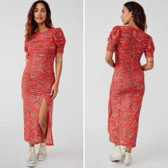 NWT Free People Briella Ruched Floral Midi Dress Bloom Combo Red XL - Picture 3 of 16